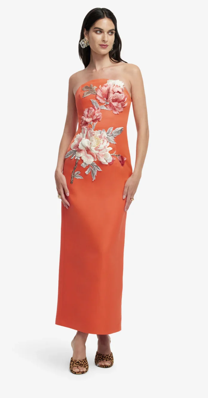 Ava Appliqué Floral Bustier Maxi Dress (Saffron)